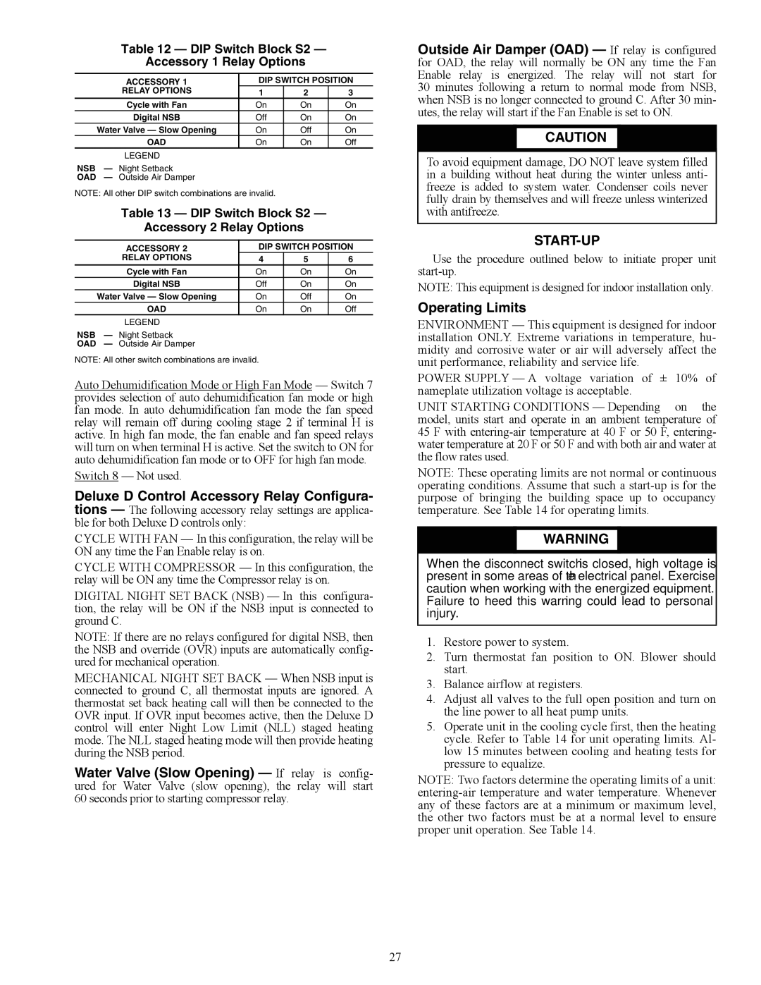 Carrier PCV015-060 specifications Start-Up, Operating Limits, DIP Switch Block S2 Accessory 1 Relay Options 