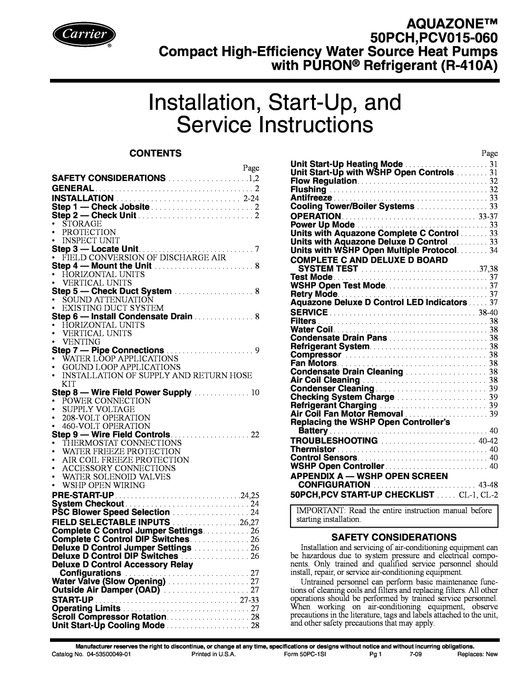 Carrier PCV015-060 specifications Contents, Safety Considerations, Installation, Start-Up,and Service Instructions 