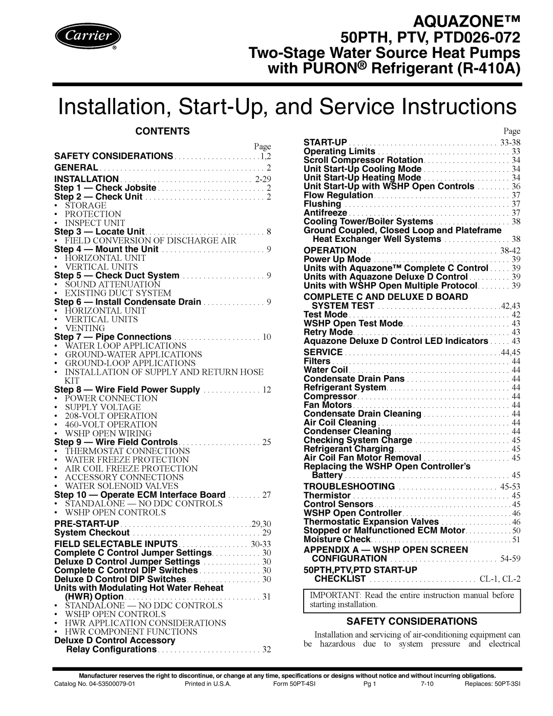 Carrier 50PTH, PTV specifications Contents, Safety Considerations 