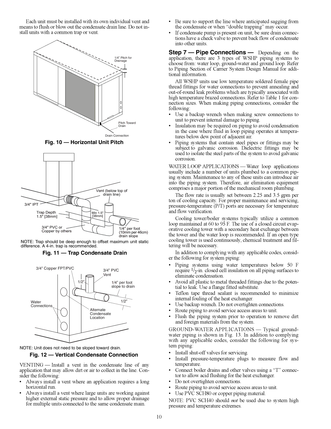 Carrier PTV, 50PTH specifications Horizontal Unit Pitch, Trap Condensate Drain 