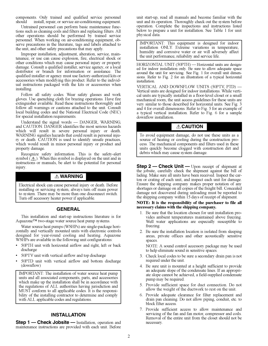 Carrier PTV, 50PTH specifications General, Installation 