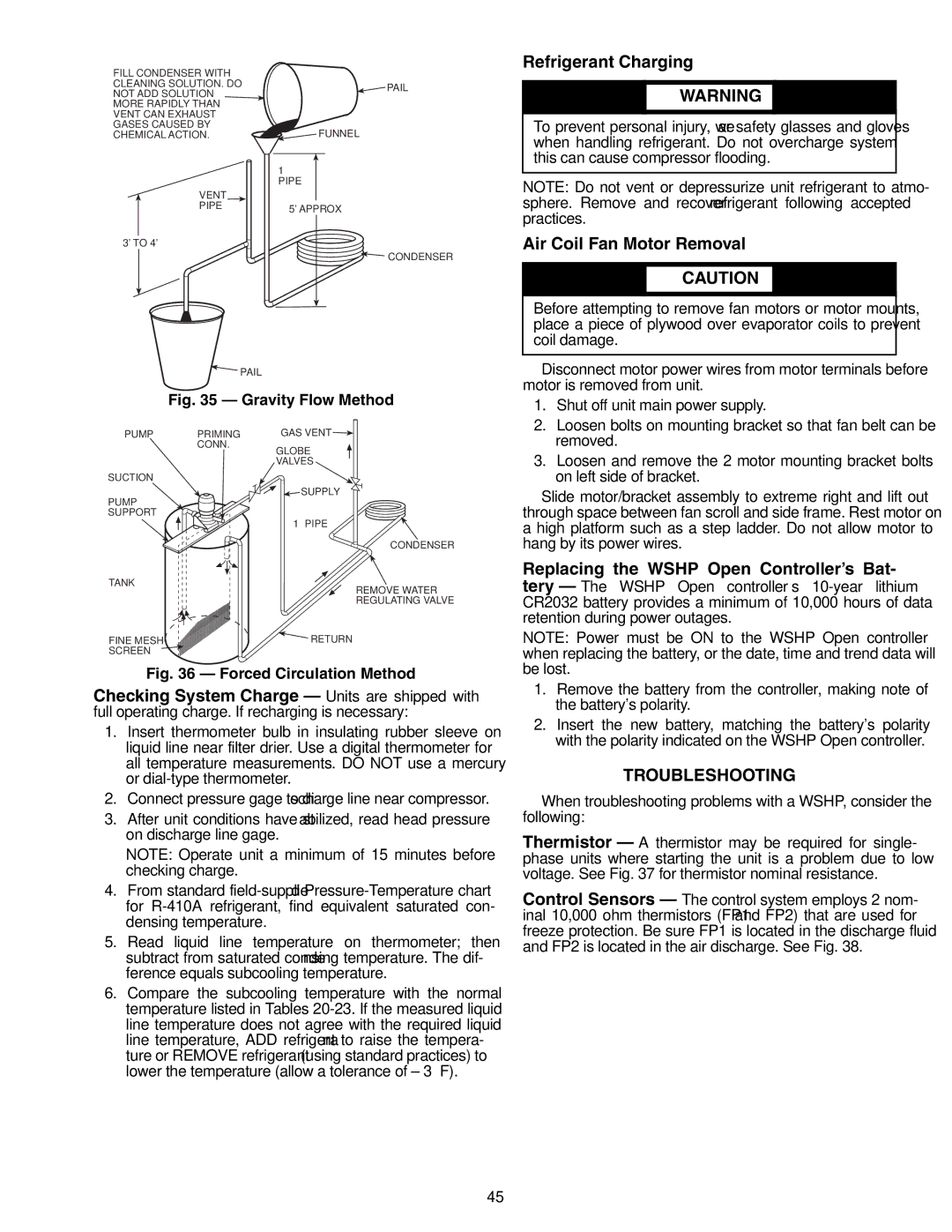 Carrier 50PTH Refrigerant Charging, Air Coil Fan Motor Removal, Replacing the Wshp Open Controller’s Bat, Troubleshooting 