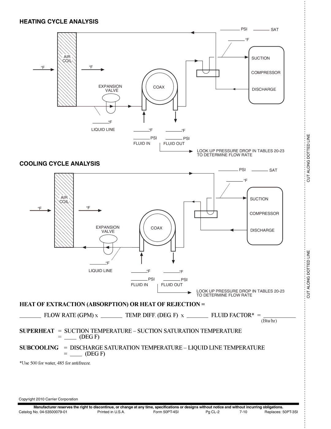 Carrier PTV, 50PTH specifications Heating Cycle Analysis, Cooling Cycle Analysis, A50-8449, A50-8450 