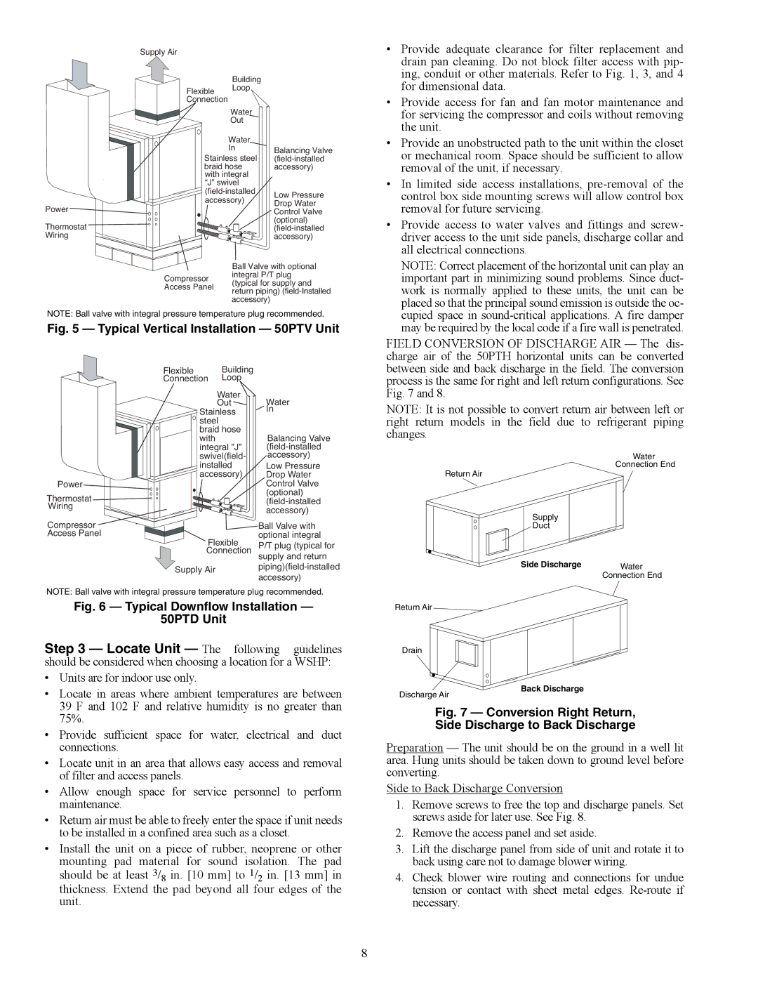 Carrier PTV, 50PTH specifications Side Discharge, Back Discharge 