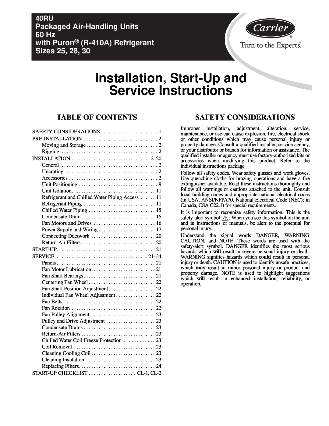Carrier R-410A manual Table Of Contents, Safety Considerations, Installation, Start-Upand Service Instructions, 40RU 