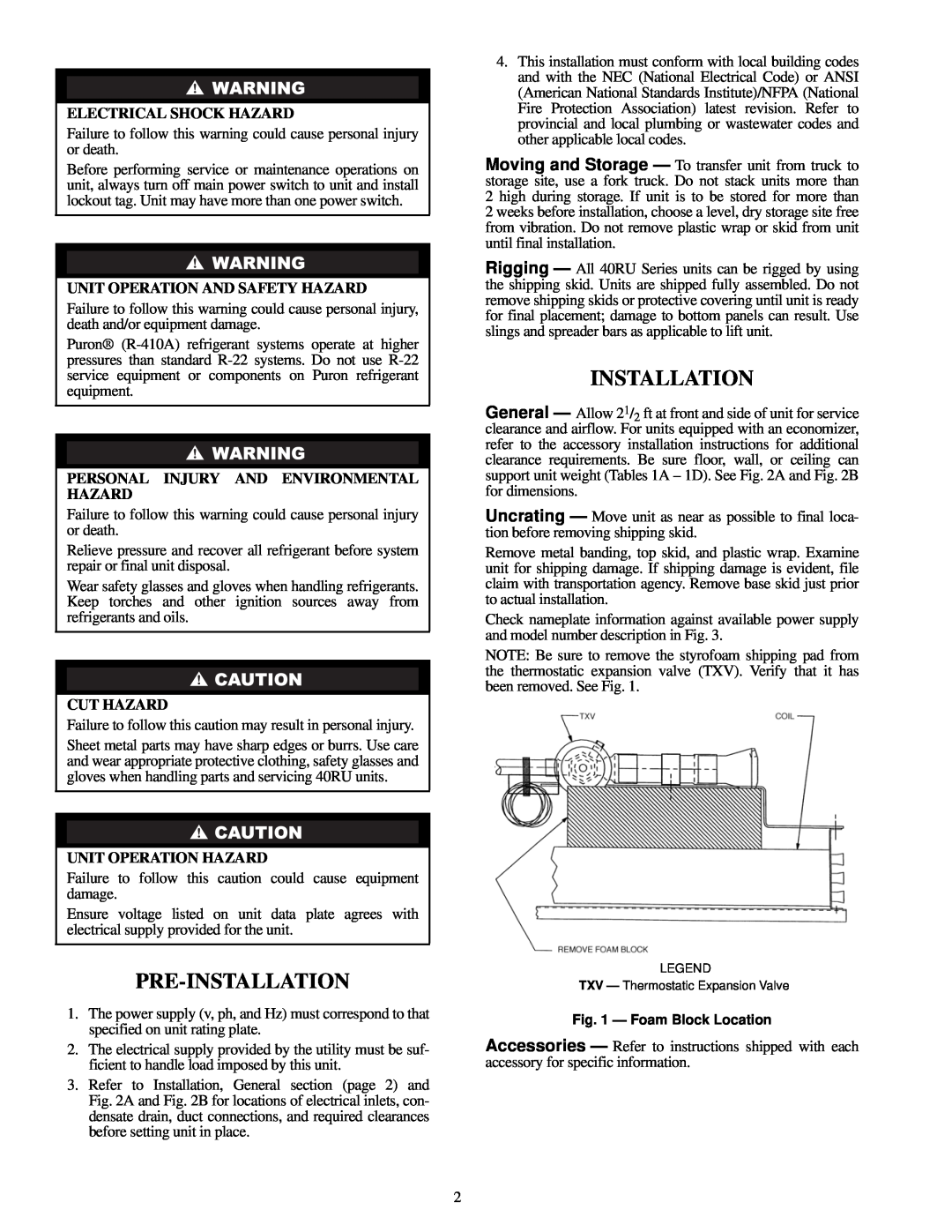 Carrier R-410A manual Pre-Installation, Electrical Shock Hazard, Unit Operation And Safety Hazard, Cut Hazard 