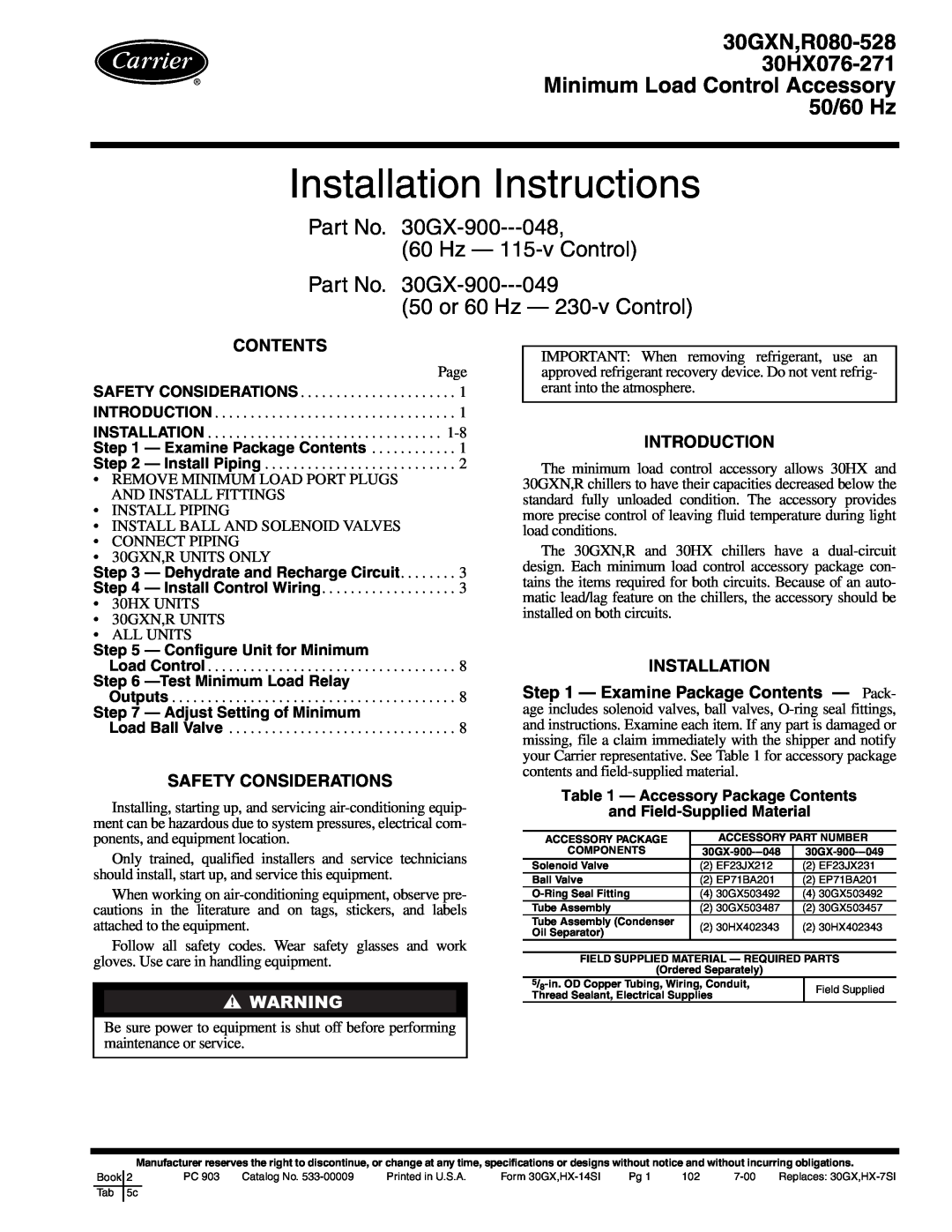 Carrier 30GXN installation instructions Installation Instructions, 50 or 60 Hz - 230-v Control, Examine Package Contents 