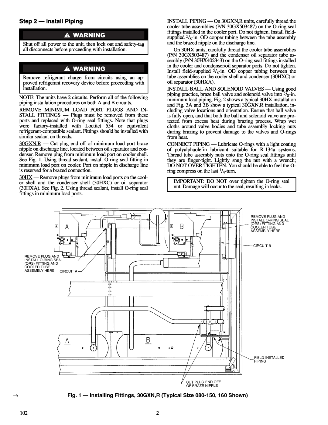 Carrier R080-528 installation instructions Install Piping, Installing Fittings, 30GXN,R Typical Size 080-150, 160 Shown 