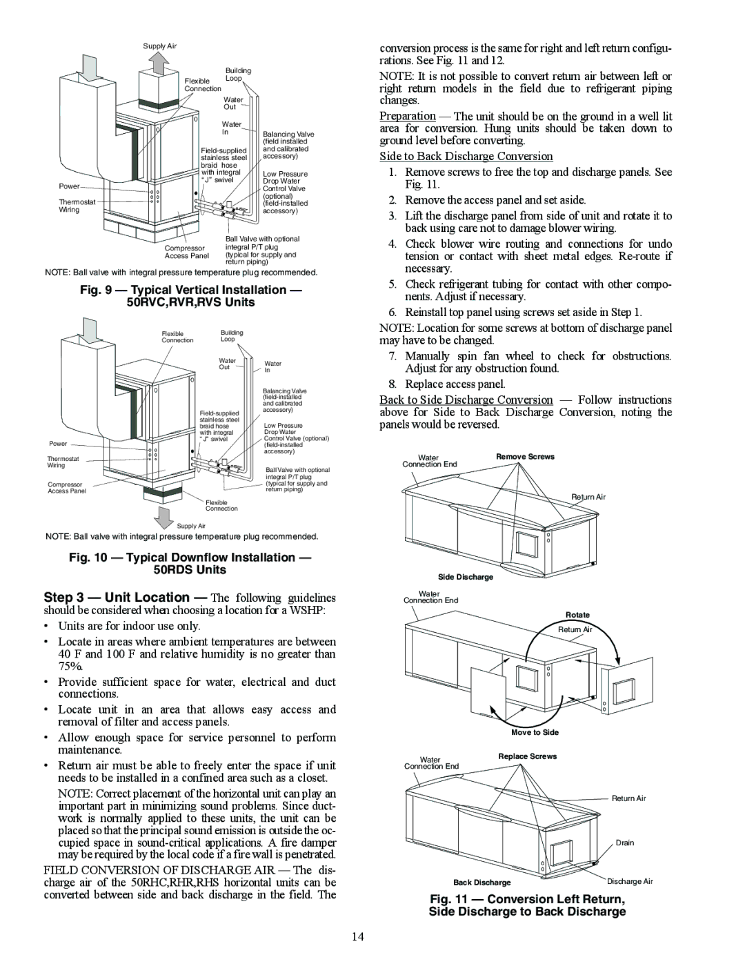 Carrier RVS, RDS006-060, RVR, RHR Remove Screws, Side Discharge, Rotate, Move to Side, Water Replace Screws Connection End 