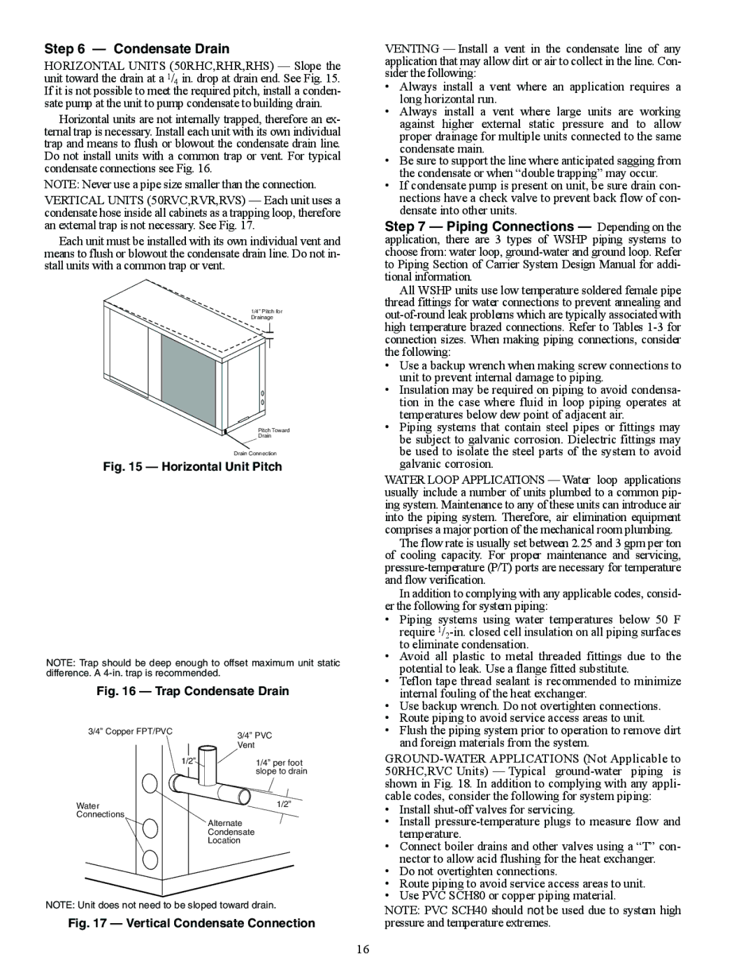 Carrier RVR, RVS, RDS006-060, RHR, RVC, RHS, 50RHC specifications Condensate Drain, Horizontal Unit Pitch 