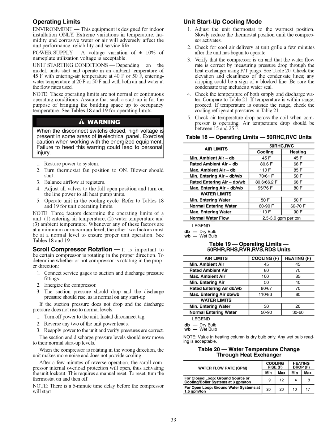 Carrier Unit Start-Up Cooling Mode, Operating Limits 50RHC,RVC Units, Operating Limits 50RHR,RHS,RVR,RVS,RDS Units 