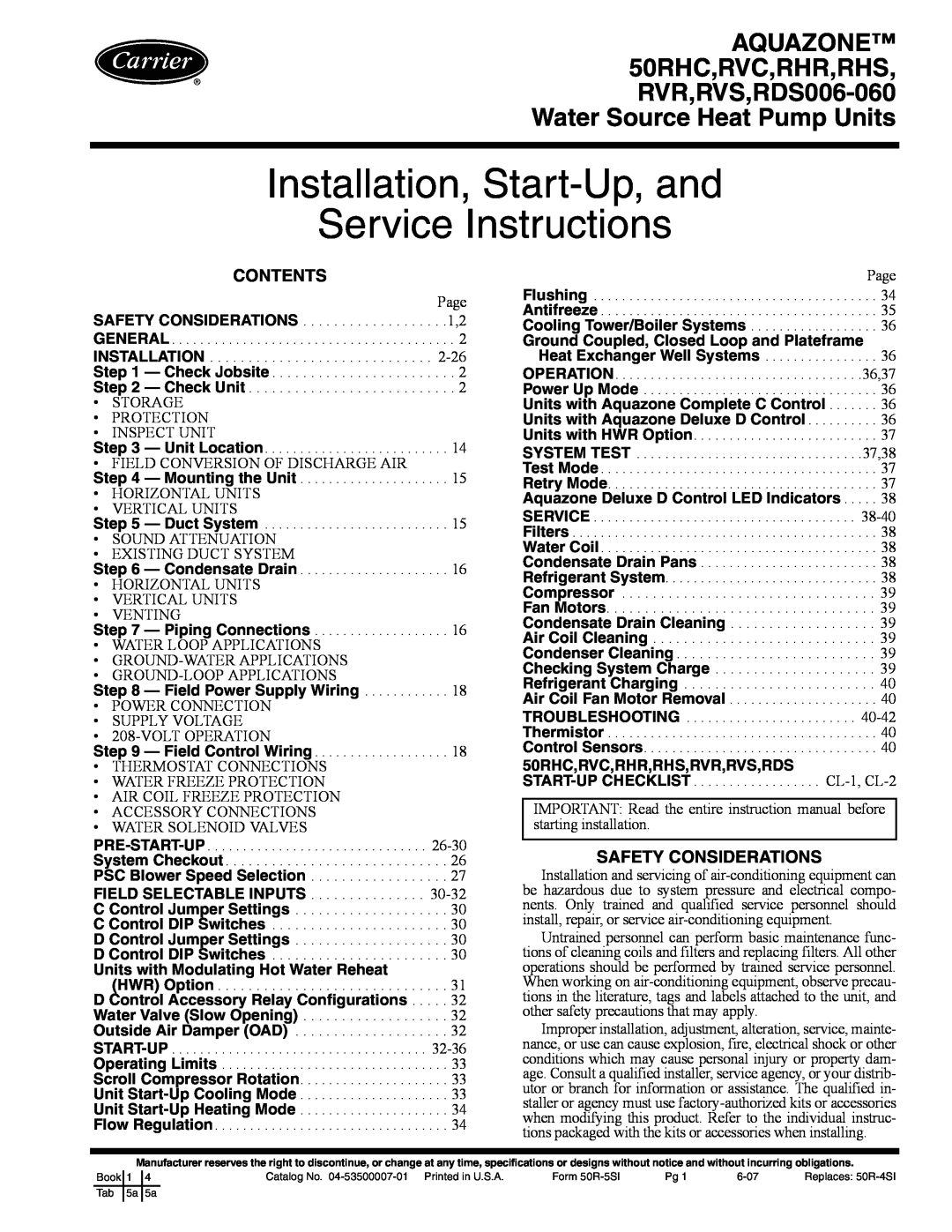 Carrier RDS006-060, RVS specifications Contents, Safety Considerations, Installation, Start-Up,and Service Instructions 