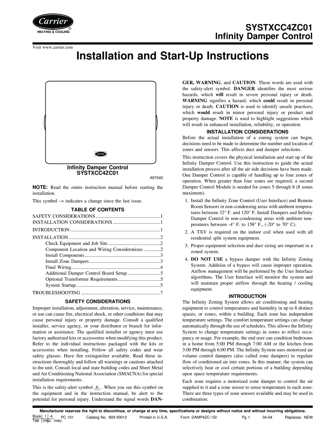 Carrier SYSTXCC4ZC01 instruction manual Table of Contents, Safety Considerations, Installation Considerations 