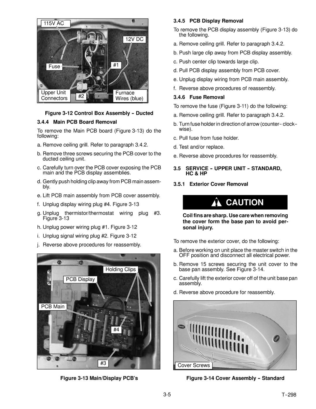 Carrier T--298 service manual PCB Display Removal, Fuse Removal, Service -- Upper Unit -- STANDARD, HC & HP 