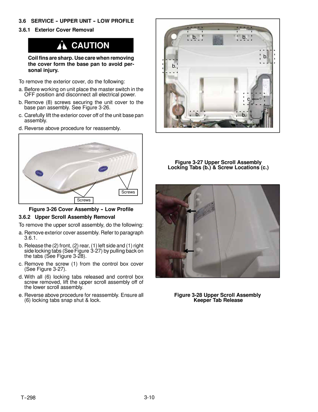 Carrier T--298 service manual Upper Scroll Assembly Locking Tabs b. & Screw Locations c 