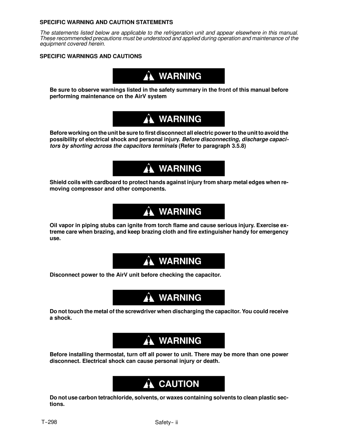 Carrier T--298 service manual Specific Warning and Caution Statements, Specific Warnings and Cautions 