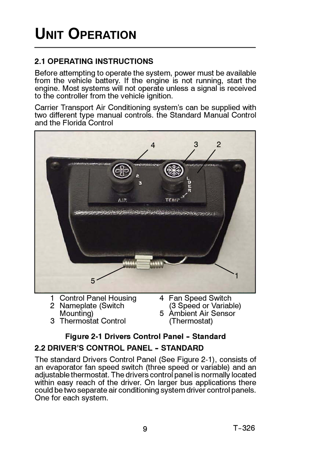 Carrier T-326 manual Unit Operation, Operating Instructions, DRIVER’S Control Panel -- Standard 