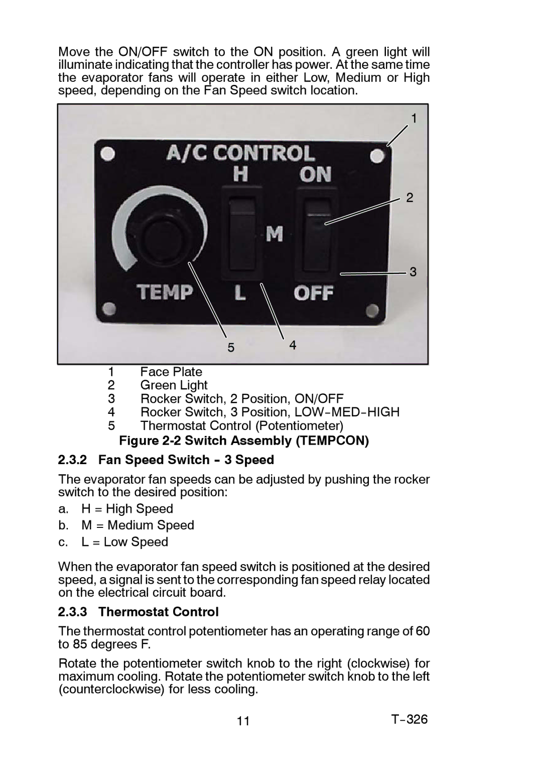 Carrier T-326 manual Switch Assembly Tempcon 2.3.2 Fan Speed Switch -- 3 Speed 