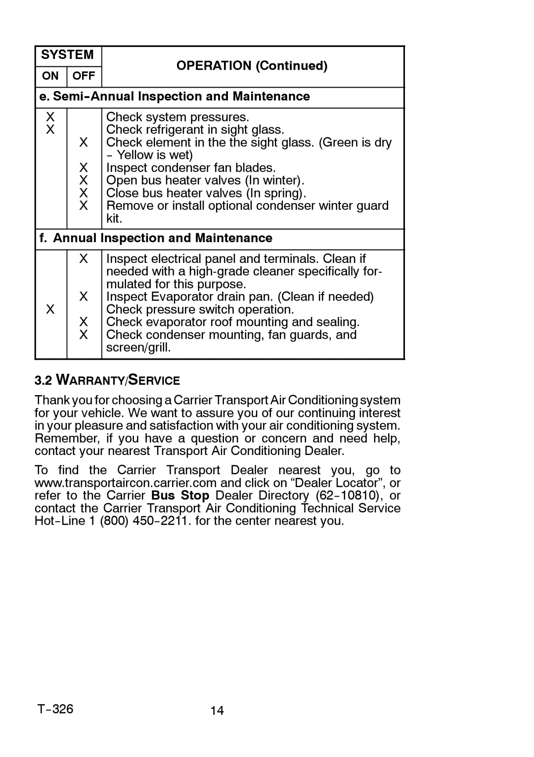 Carrier T-326 manual Operation Semi--Annual Inspection and Maintenance 