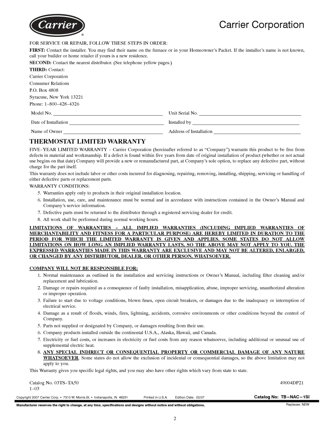 Carrier TB-NAC, TB-NHP installation instructions Carrier Corporation, Thermostat Limited Warranty 