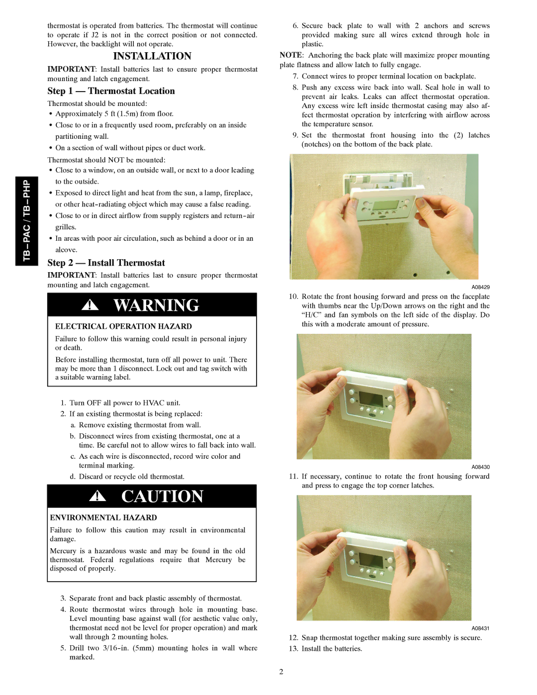 Carrier TB-PHP Installation, Thermostat Location, Install Thermostat, Electrical Operation Hazard, Environmental Hazard 