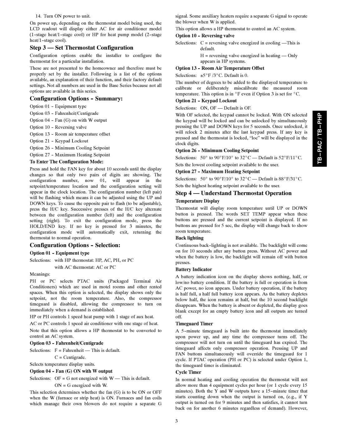 Carrier TB-PAC, TB-PHP Set Thermostat Configuration, Configuration Options Summary, Configuration Options Selection 