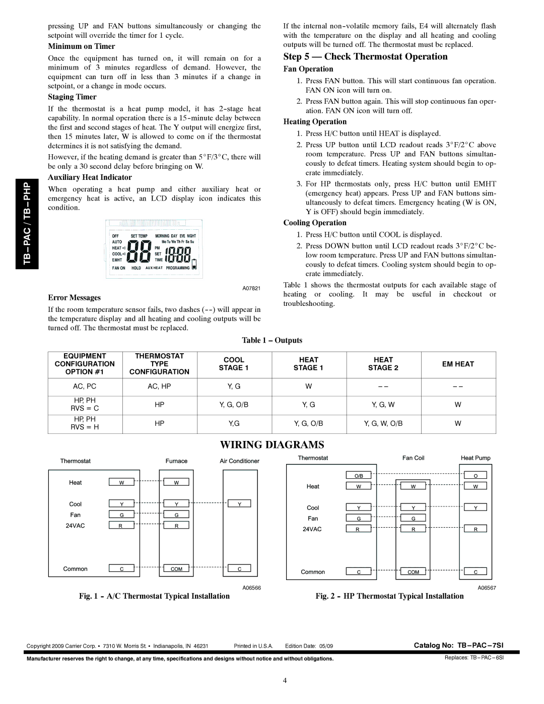 Carrier TB-PHP, TB-PAC installation instructions Wiring Diagrams, Check Thermostat Operation 