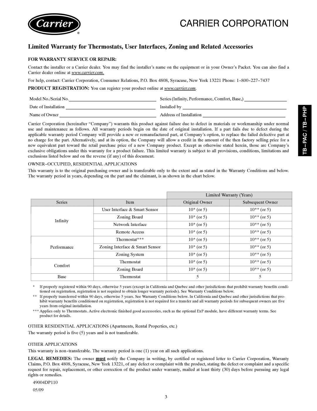 Carrier TB-PAC, TB-PHP installation instructions Carrier Corporation, For Warranty Service or Repair 