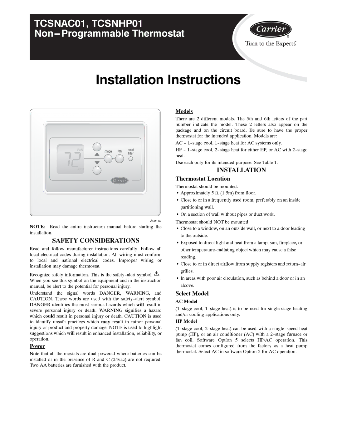 Carrier TCSNAC01 installation instructions Safety Considerations, Installation, Thermostat Location, Select Model 