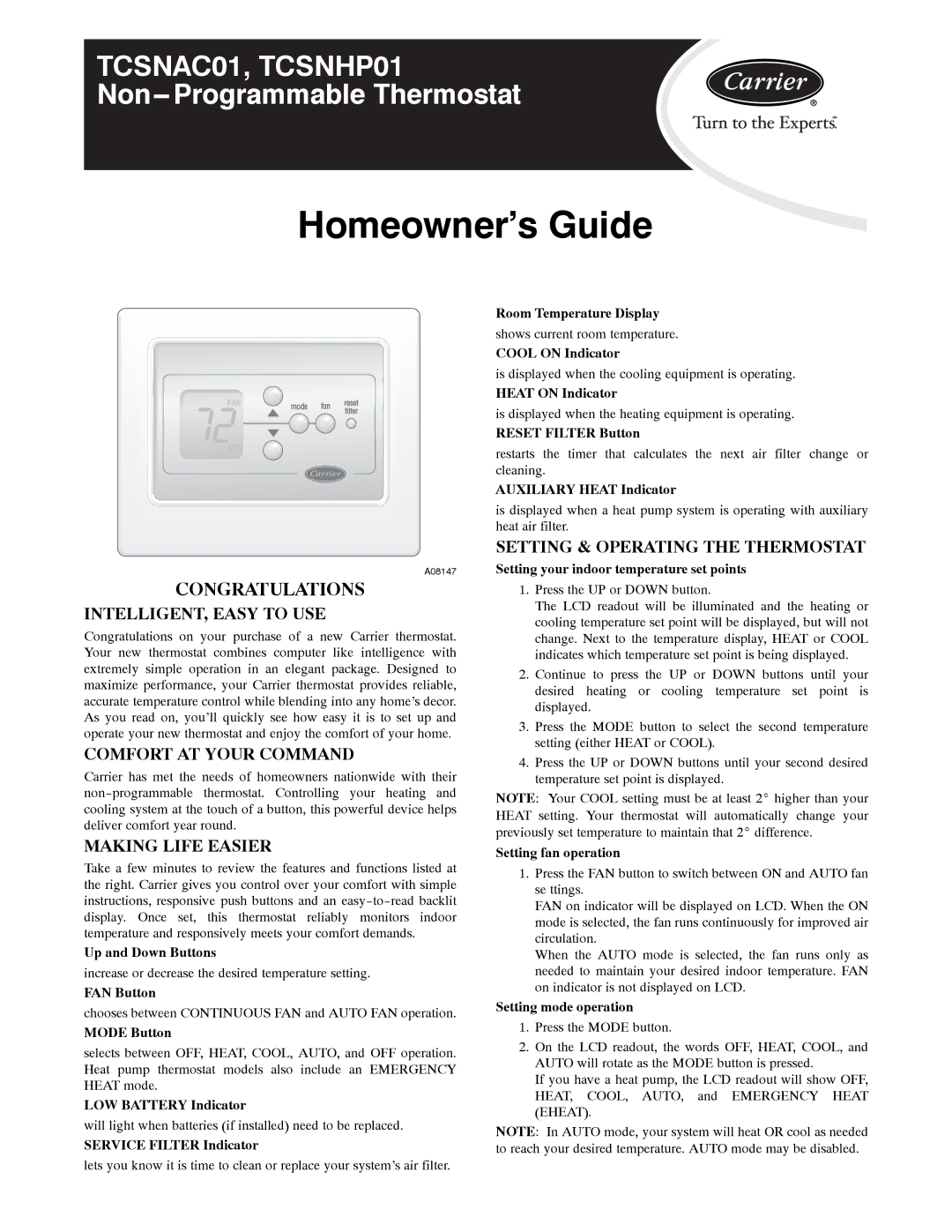 Carrier TCSNAC01, TCSNHP01 installation instructions Congratulations 