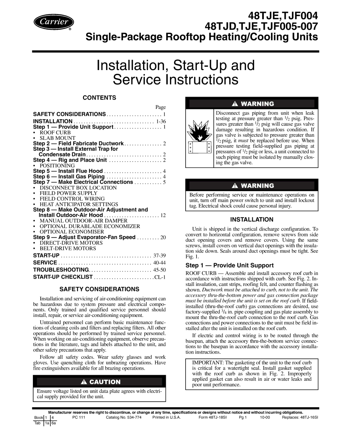 Carrier TJF005-007, TJF004, 48TJD, 48TJE specifications Installation, Start-Up Service Instructions 