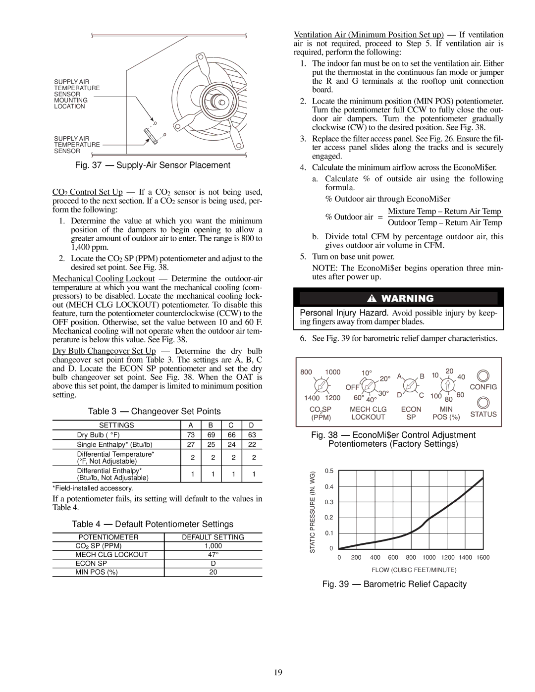 Carrier 48TJE, TJF004, TJF005-007, 48TJD specifications Changeover Set Points, Default Potentiometer Settings 