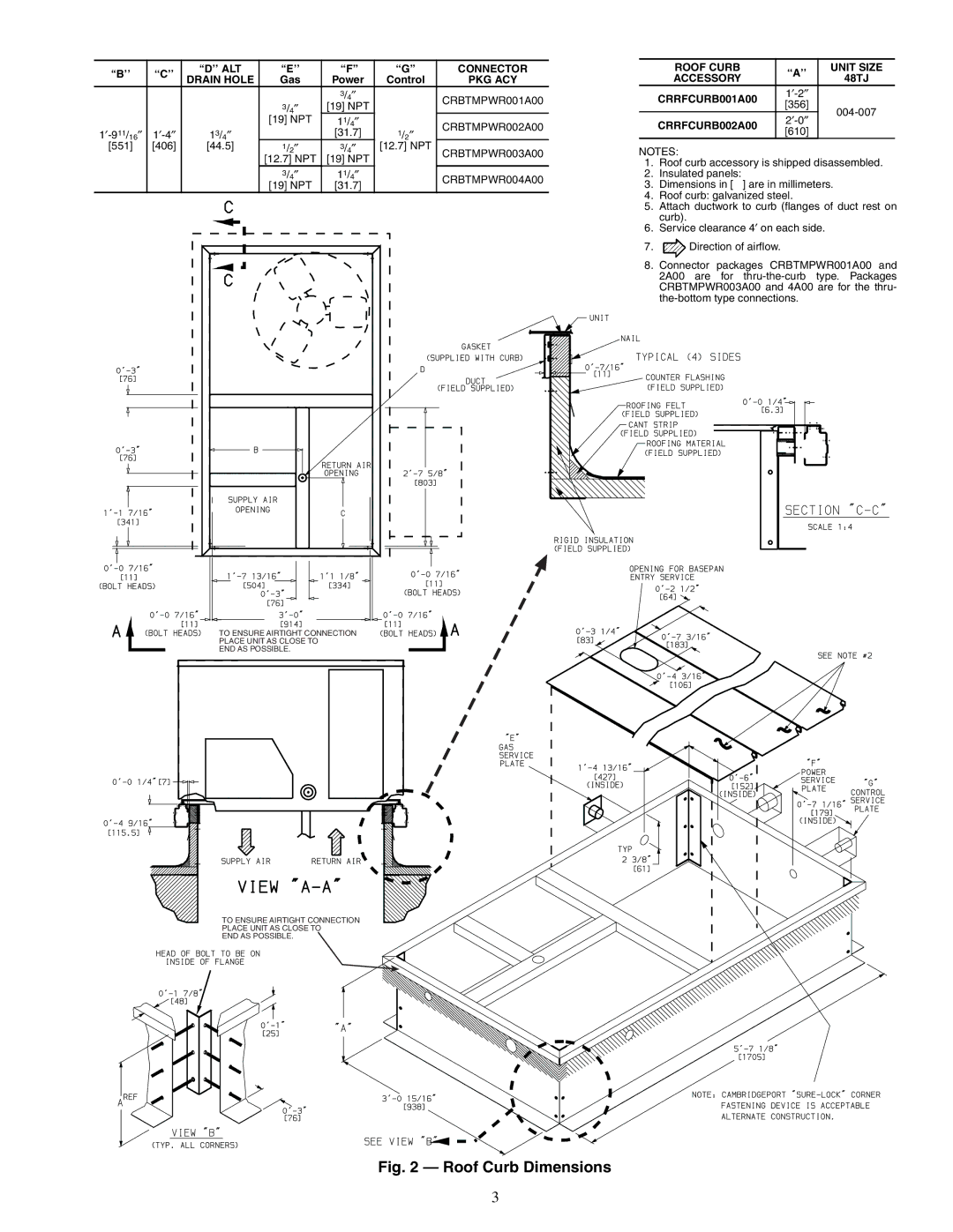 Carrier 48TJD, TJF004, TJF005-007, 48TJE specifications Roof Curb Dimensions 