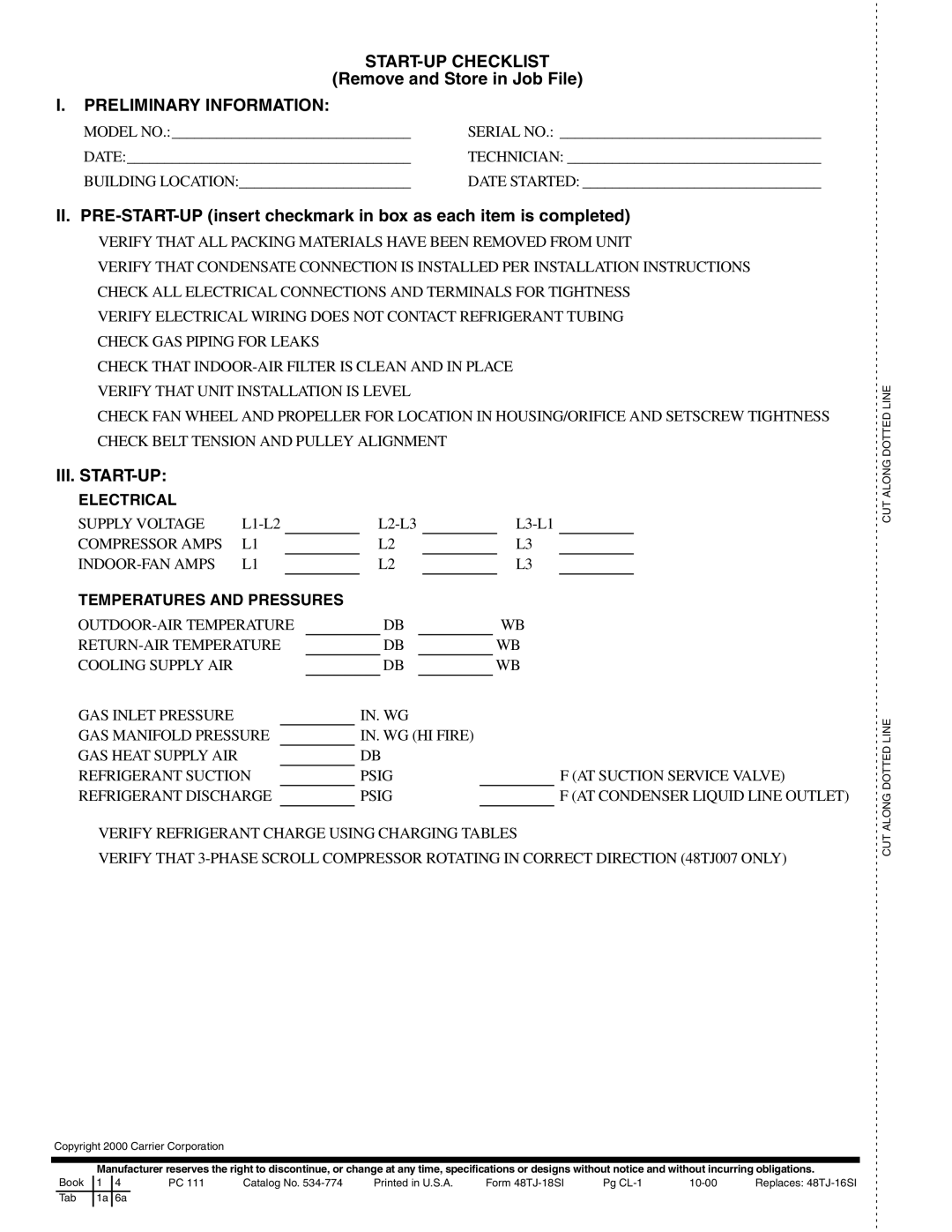 Carrier TJF004, TJF005-007, 48TJD, 48TJE specifications START-UP Checklist 