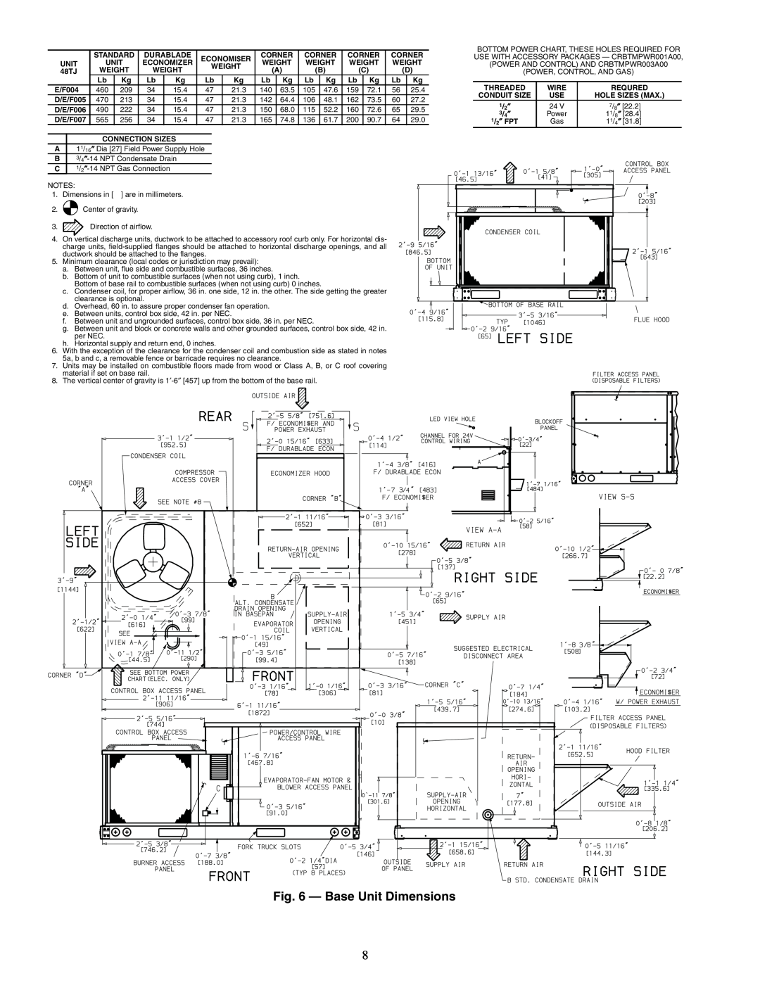 Carrier 48TJD, TJF004, TJF005-007, 48TJE specifications Base Unit Dimensions 