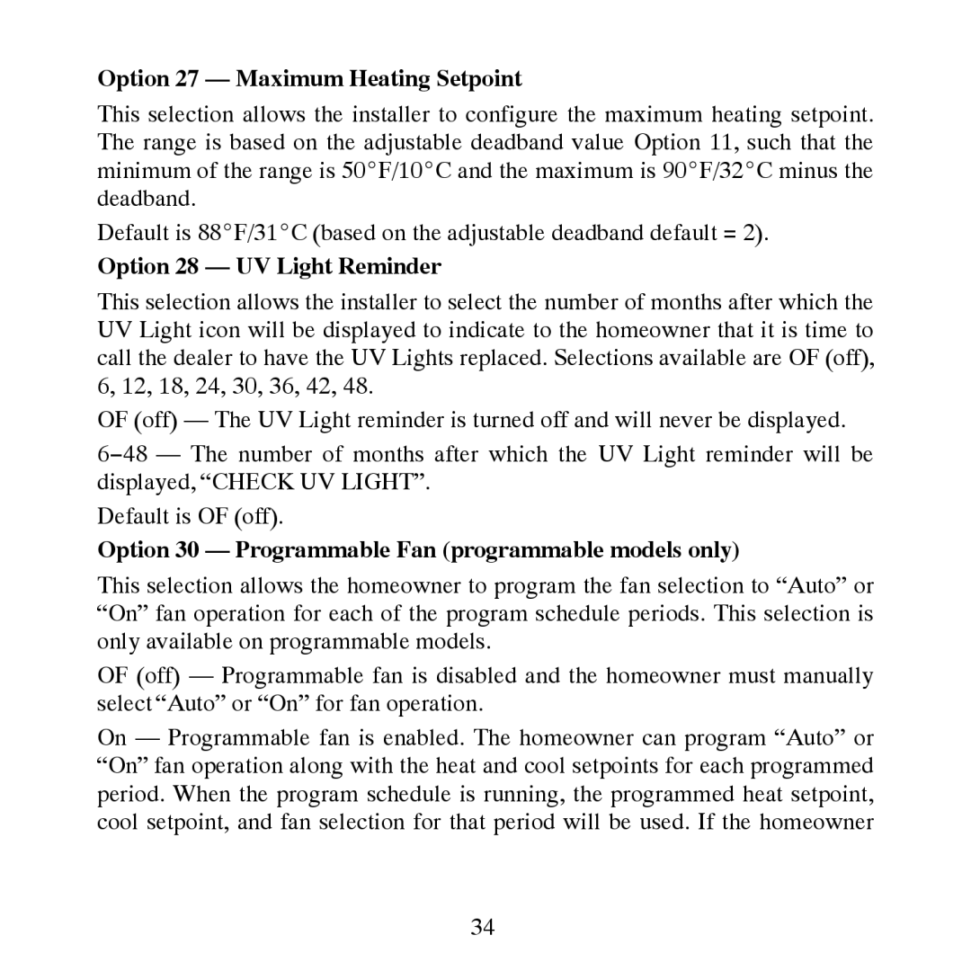 Carrier TP-PHP, TP-PAC, TP-NHP, TP-NAC Option 27 Maximum Heating Setpoint, Option 28 UV Light Reminder 