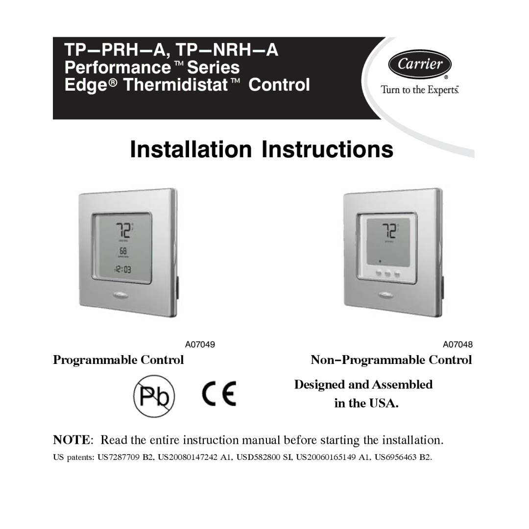 Carrier TP-NRH-A, TP-PRH-A installation instructions Programmable Control, Designed and Assembled, Usa 