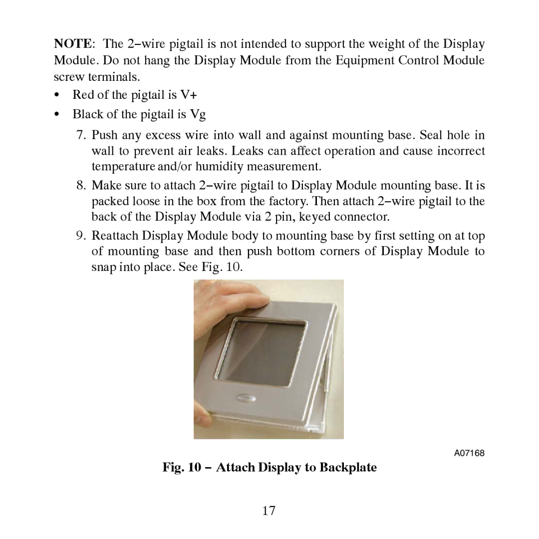 Carrier TP-NRH-A, TP-PRH-A installation instructions Attach Display to Backplate 