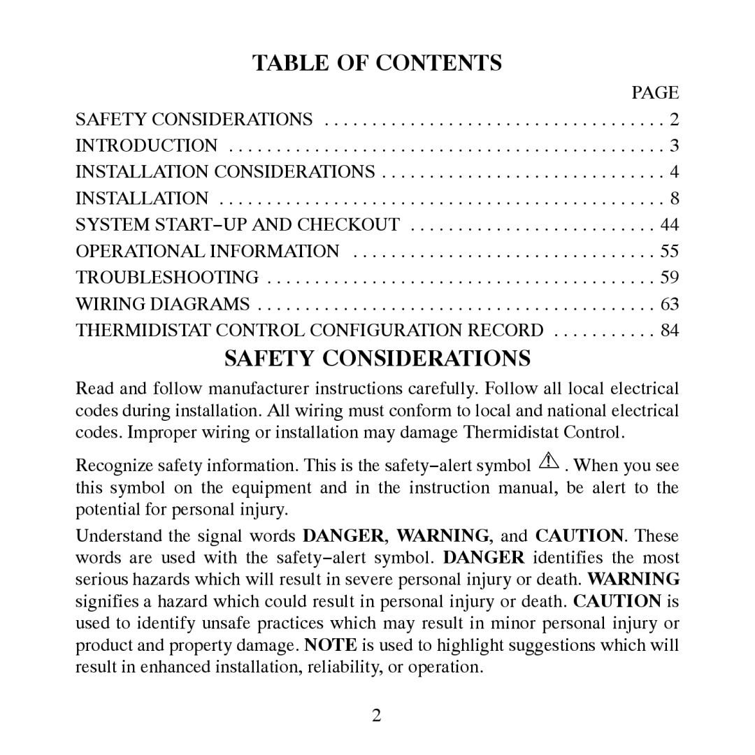 Carrier TP-PRH-A, TP-NRH-A installation instructions Table of Contents, Safety Considerations 