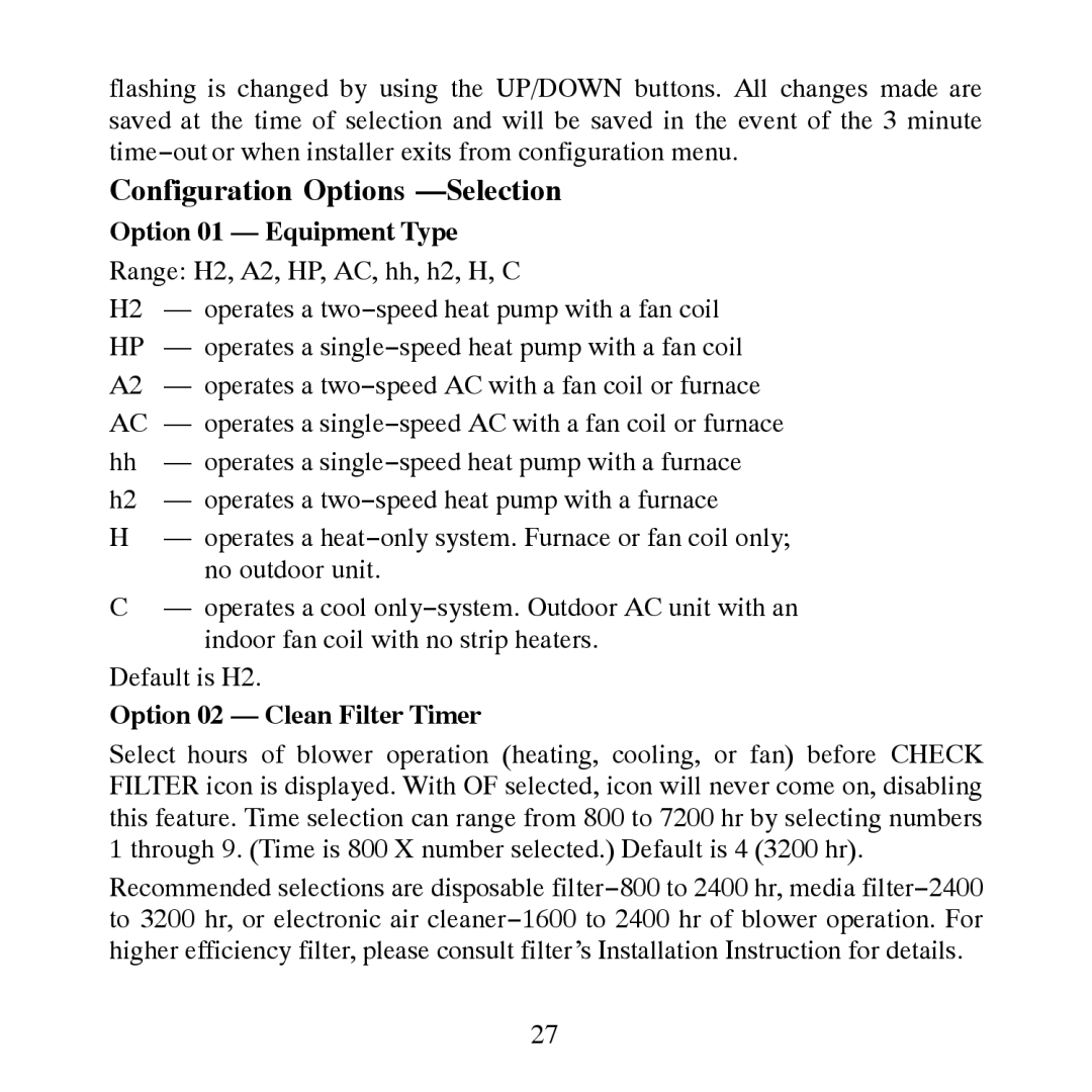 Carrier TP-NRH-A, TP-PRH-A Configuration Options -Selection, Option 01 Equipment Type, Option 02 Clean Filter Timer 