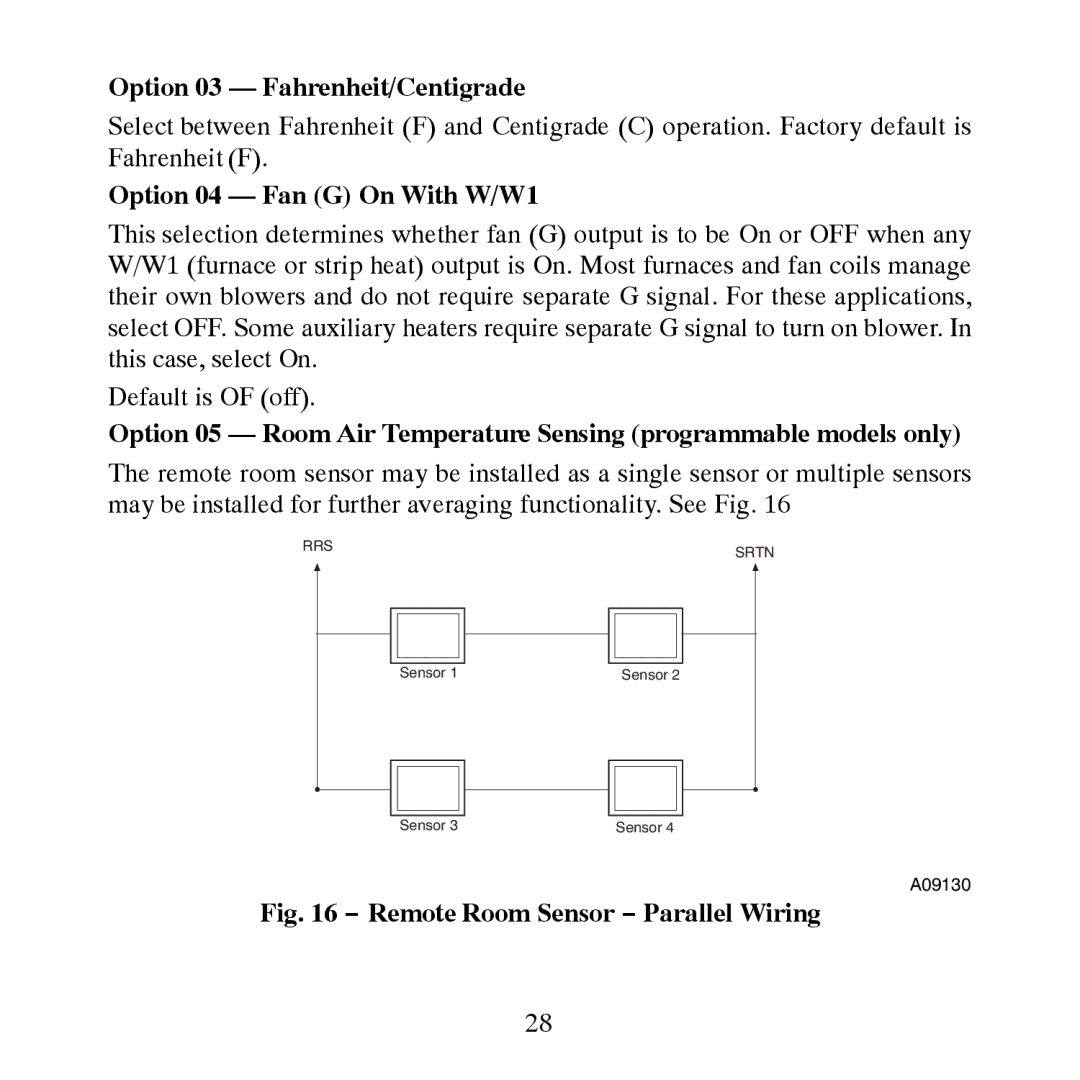 Carrier TP-PRH-A, TP-NRH-A installation instructions Option 03 Fahrenheit/Centigrade, Option 04 Fan G On With W/W1 