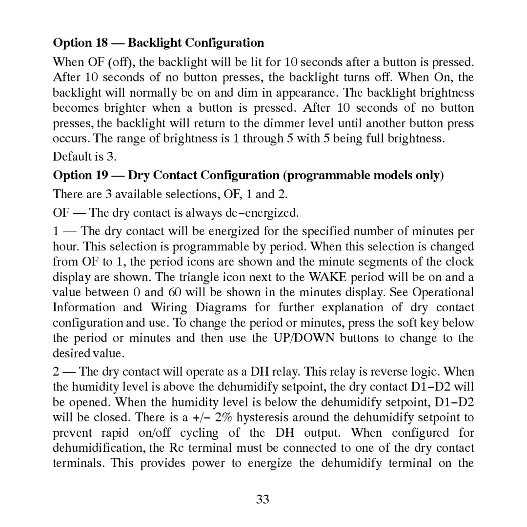 Carrier TP-NRH-A, TP-PRH-A Option 18 Backlight Configuration, Option 19 Dry Contact Configuration programmable models only 