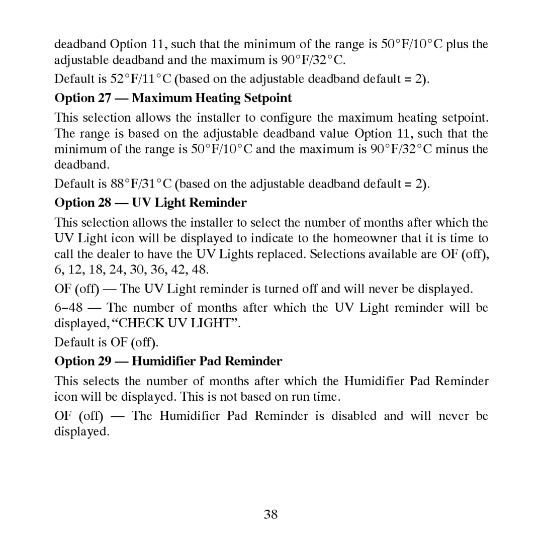 Carrier TP-PRH-A Option 27 Maximum Heating Setpoint, Option 28 UV Light Reminder, Option 29 Humidifier Pad Reminder 
