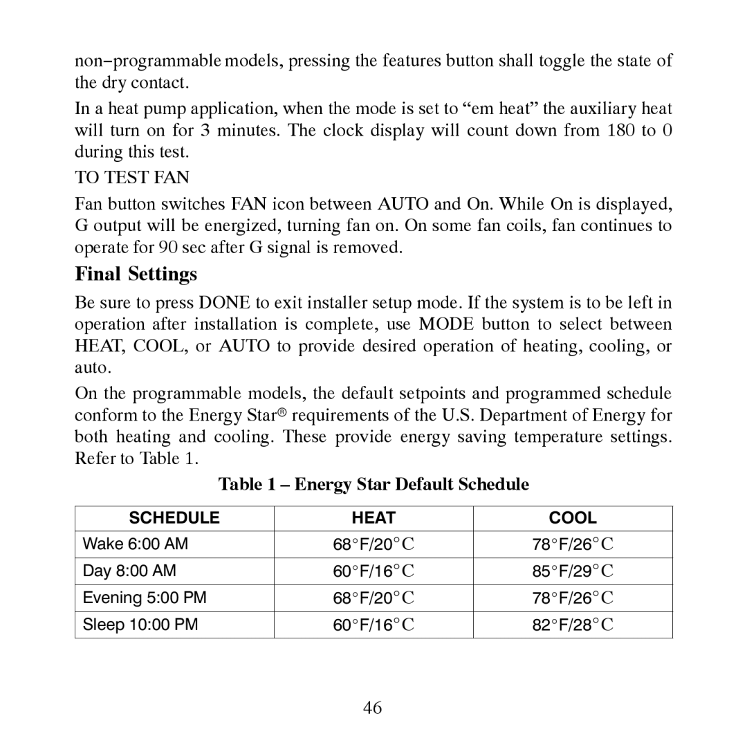 Carrier TP-PRH-A, TP-NRH-A installation instructions Final Settings, Energy Star Default Schedule 