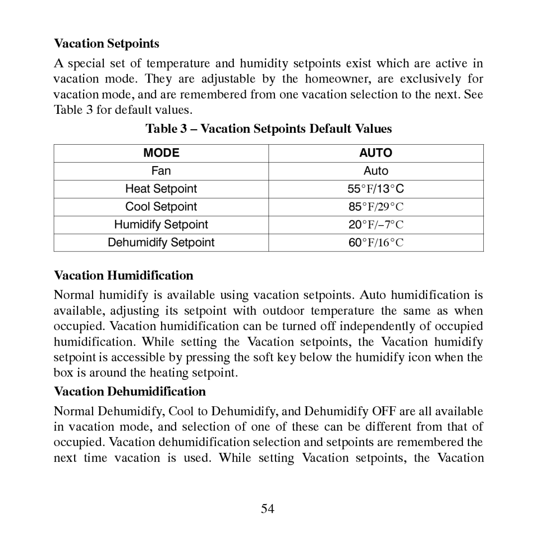 Carrier TP-PRH-A, TP-NRH-A Vacation Setpoints Default Values, Vacation Humidification, Vacation Dehumidification 