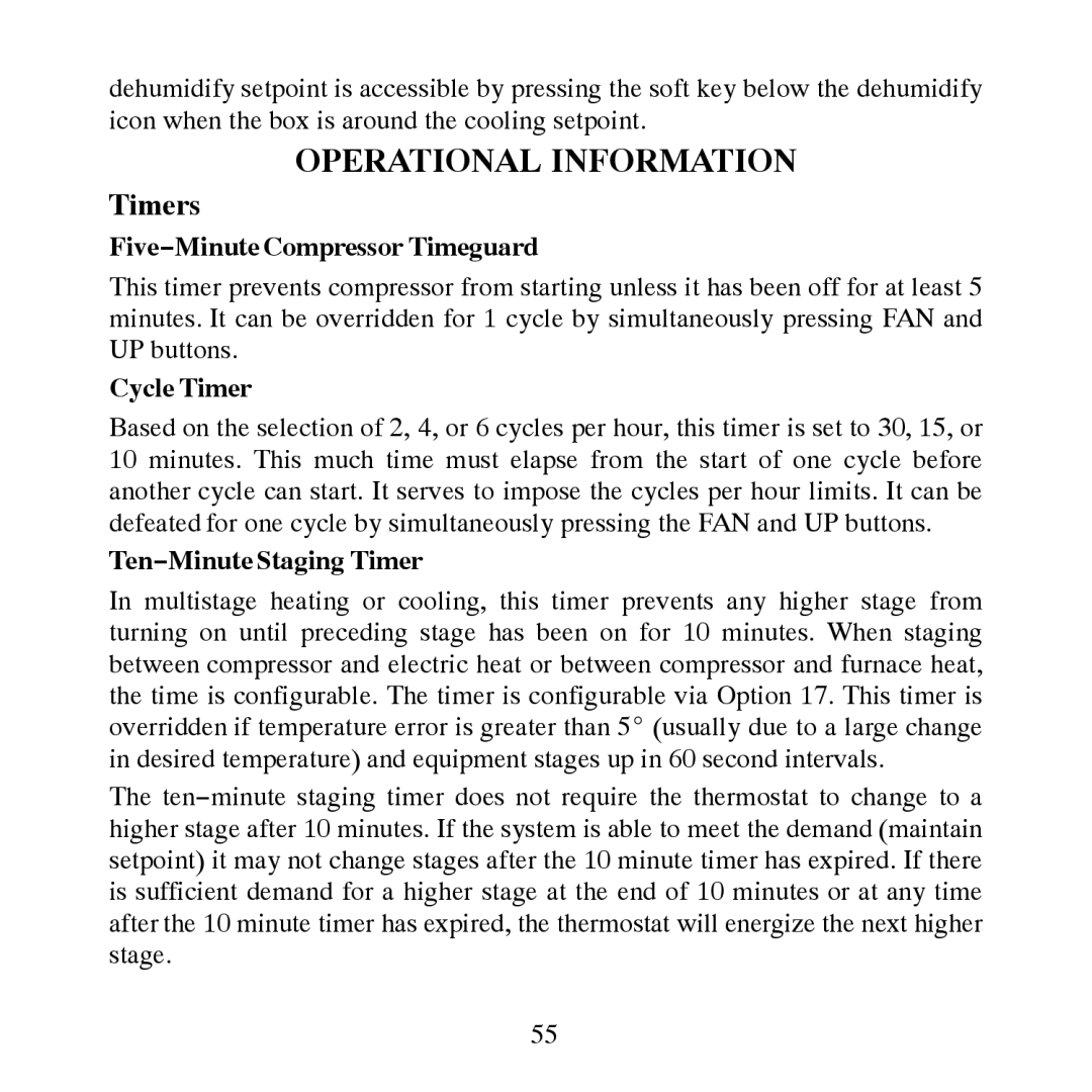 Carrier TP-NRH-A Operational Information, Timers, Five−Minute Compressor Timeguard, Cycle Timer, Ten−Minute Staging Timer 