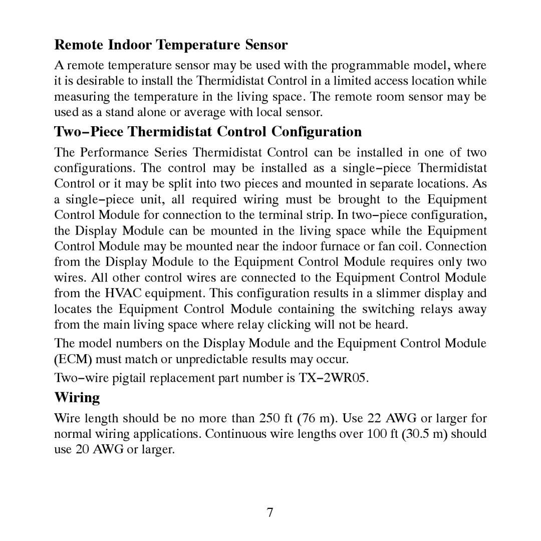 Carrier TP-NRH-A, TP-PRH-A Remote Indoor Temperature Sensor, Two−Piece Thermidistat Control Configuration, Wiring 