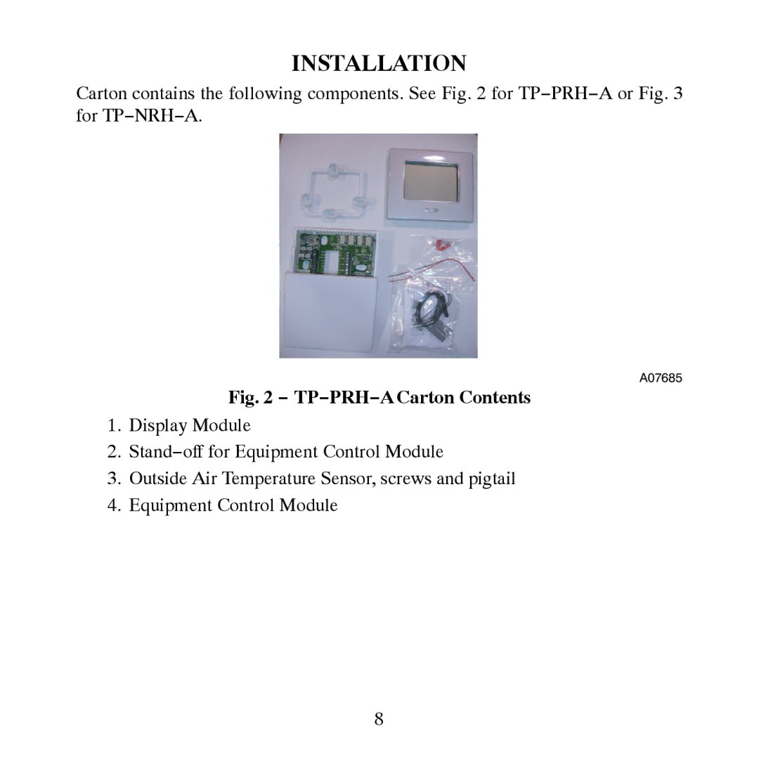 Carrier TP-PRH-A, TP-NRH-A installation instructions Installation, TP−PRH−A Carton Contents 