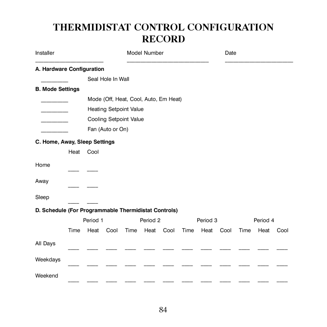 Carrier TP-PRH-A, TP-NRH-A installation instructions Thermidistat Control Configuration Record, Mode Settings 