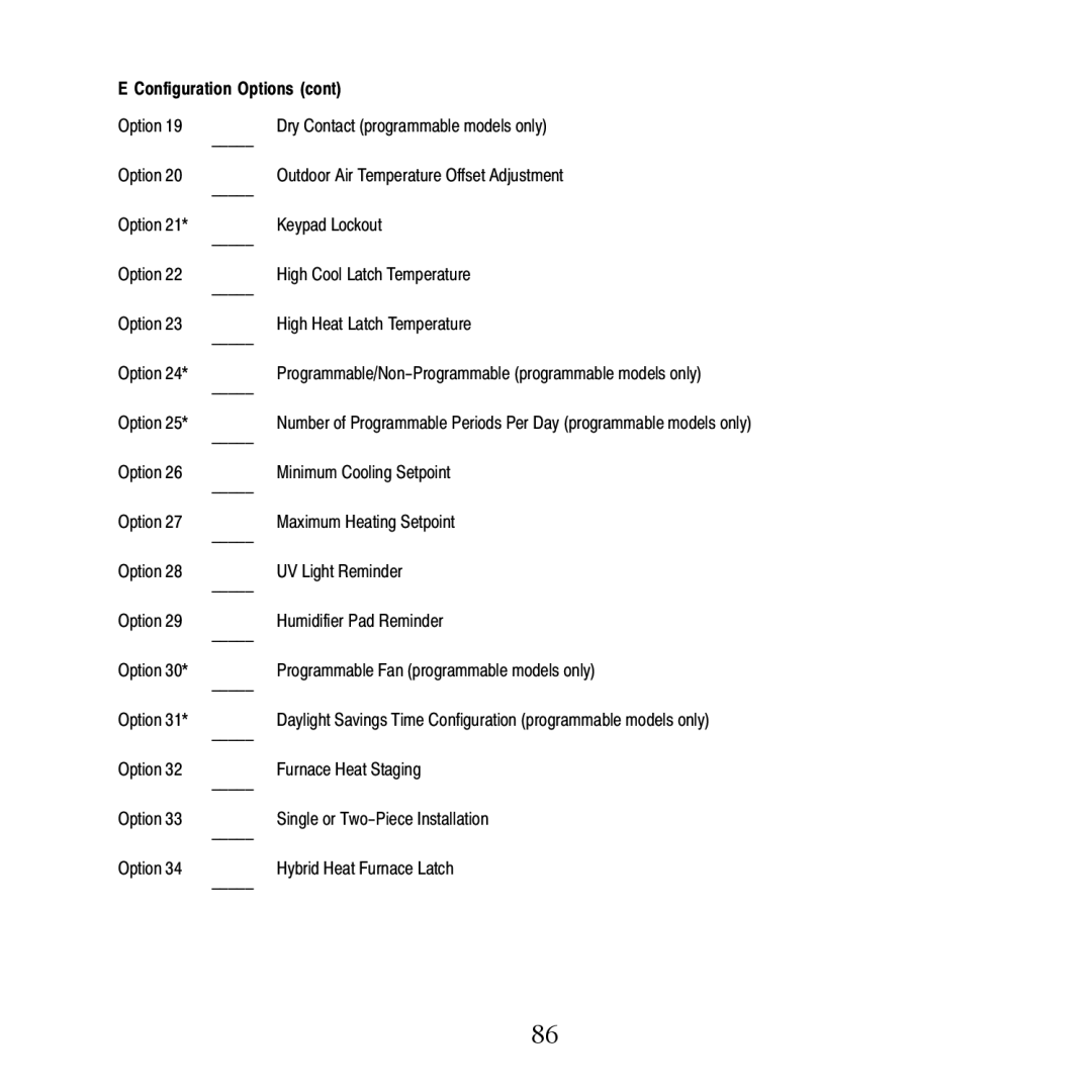 Carrier TP-PRH-A, TP-NRH-A installation instructions Configuration Options 